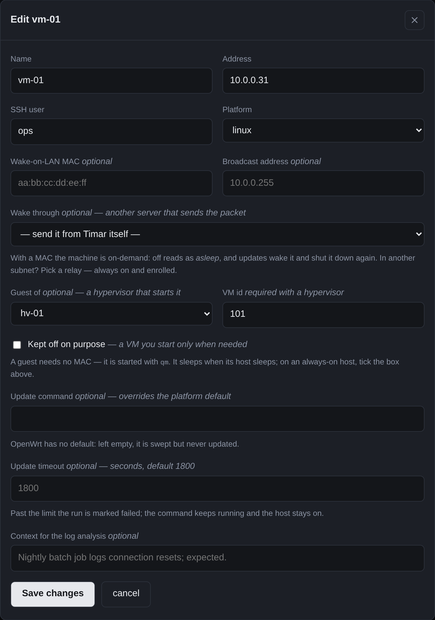The edit dialog for vm-01: name, address, SSH user and platform; Wake-on-LAN MAC and relay; 'Guest of hv-01' with VM id 101; update command, update timeout, and context for the log analysis.